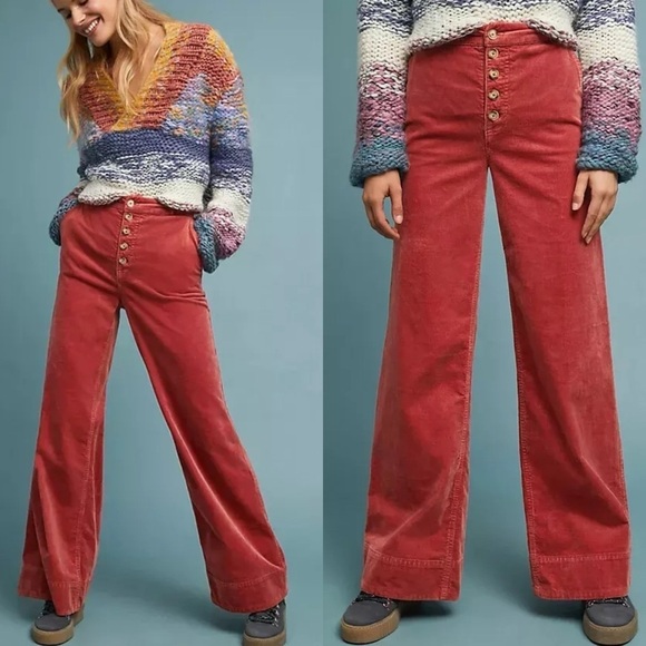 Pilcro x Anthropologie High-Rise Button-Fly Corduroy Wide-Leg Pants In Salmon 26 - Picture 1 of 8